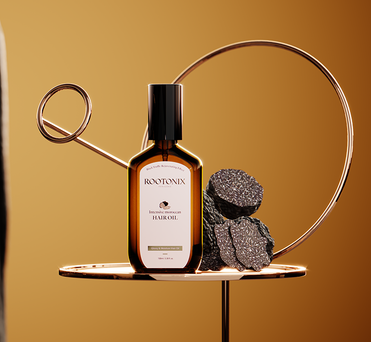 Rootonix Intensive Moroccan Hair Oil with black truffle by the side and metal rings at the background.