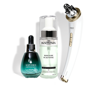 A Root Farm Ampoule, Scalp Tonic and a Volume Booster is sequentially displayed from left to right.