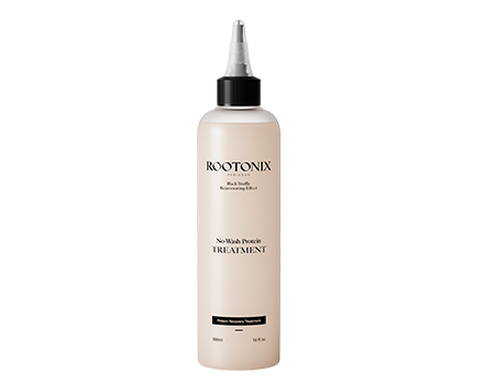 Rootonix No-Wash Protein Treatment bottle, containing collagen, proteins, and black truffle, for multifaceted hair improvement