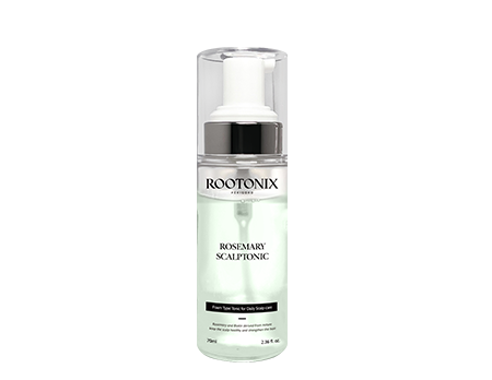 Rootonix Rosemary Scalp Tonic in a clear, foam dispenser bottle with green label detailing hair care benefits.