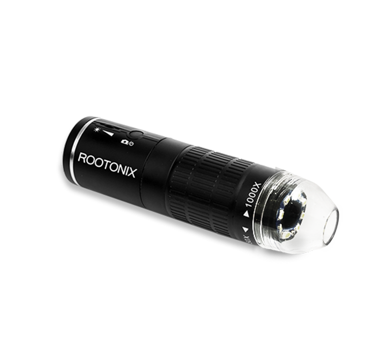 Rootonix scalp-specific camera with brightness control and a capture button, capable of magnifying up to 1000 times for detailed scalp analysis