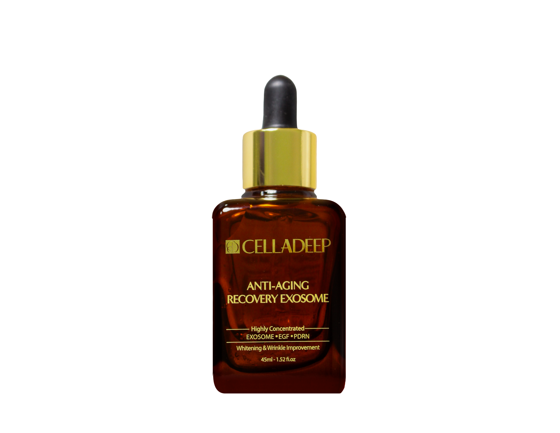 CELLADEEP Anti Aging Recovery Exosome in a dark brown serum bottle with golden cap and black dropper