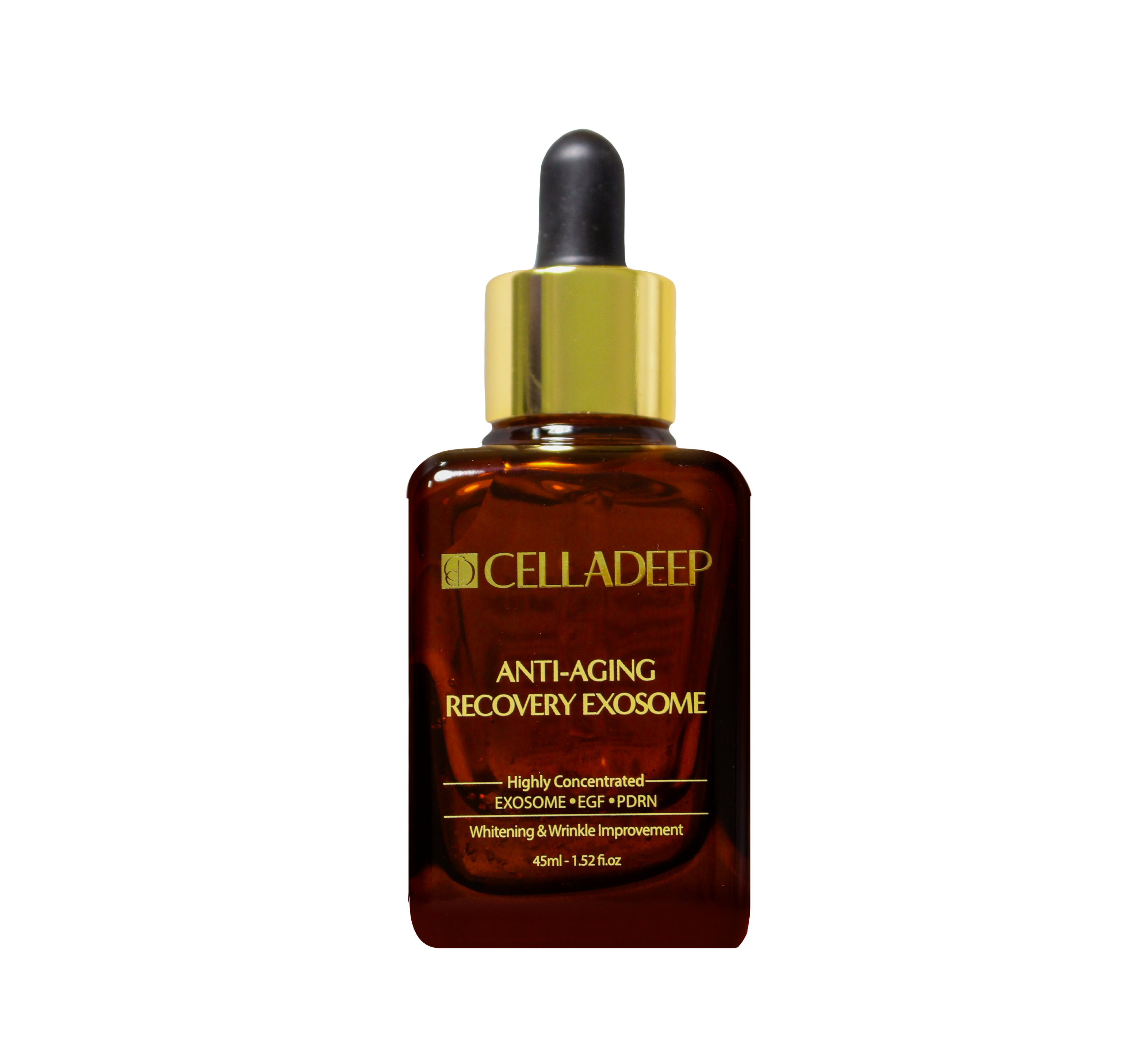 CELLADEEP Anti Aging Recovery Exosome in a dark brown serum bottle with golden cap and black dropper