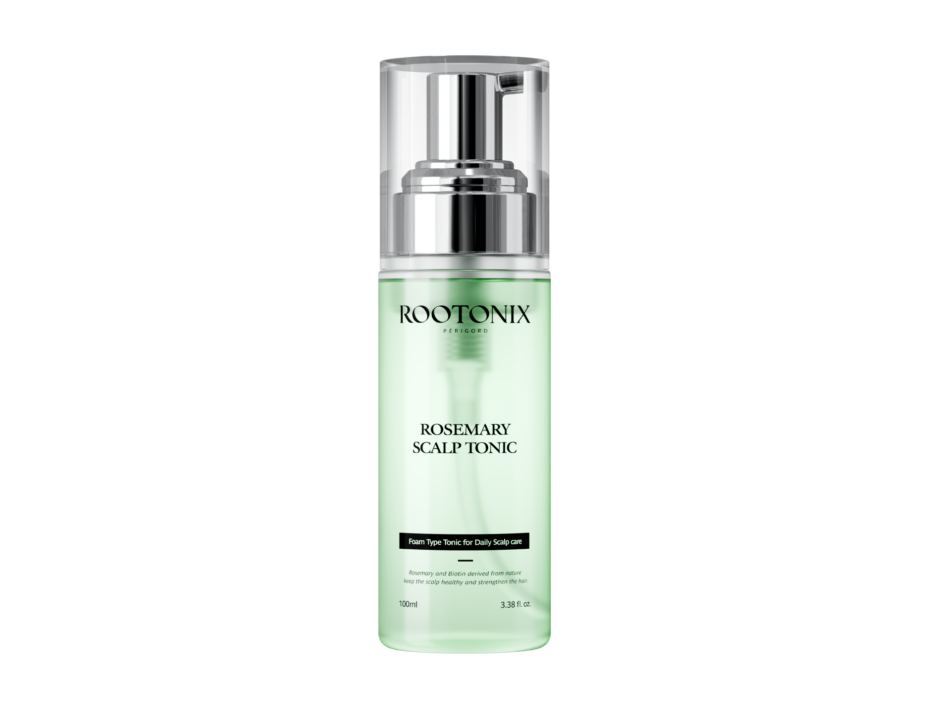 Rootonix Rosemary hair Tonic in a clear, foam dispenser bottle with green label detailing hair care benefits.
